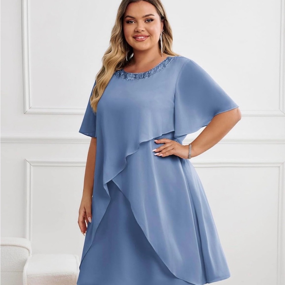 Plus-Size Dusty Blue Layered Chiffon Midi Dress with Beaded Neckline